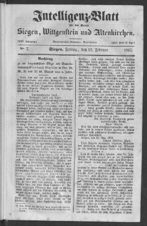 Intelligenz-Blatt für die Kreise Siegen und Wittgenstein und Altenkirchen. 1835-1866