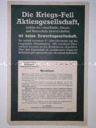 Flugschrift mit einem Merkblatt des Kriegsministeriums über Aktiengesellschaften der Kriegs-Rohstoff-Abteilung