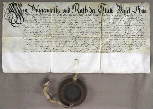 Basel, 1687.09.03. Geburtsbrief für den Zimmermann Georg Eger von Riehen (Kt. Basel). Aussteller: Stadt