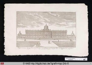 Prospect des Königl: Palais bey Potsdam, wie selbiges von der grossen Allée von Sanssouci her anzusehen. Die Garten-Facade.