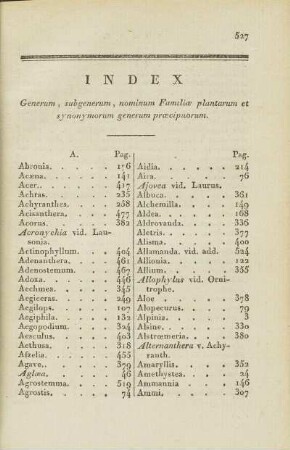 Index Generum, subgenerum, nominum Familiae plantarum et synonymorum generum praecipuorum.