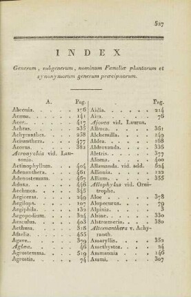 Index Generum, subgenerum, nominum Familiae plantarum et synonymorum generum praecipuorum.