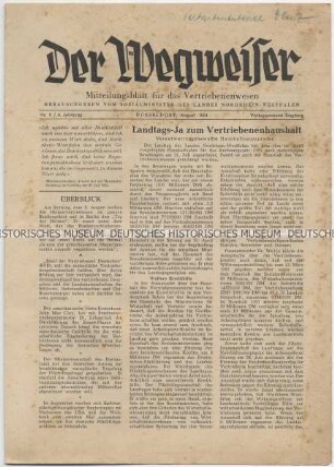 Monatszeitschrift des Sozialministeriums Nordrhein-Westfalen „Der Wegweiser“ mit Titel zum Vertriebenenhaushalt