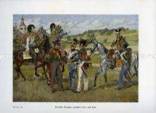 Uniformdarstellung, Kürassier, Chevauleger, Artillerist, Infanteristen und Husar verschiedener deutscher Staaten, 1830/1845.