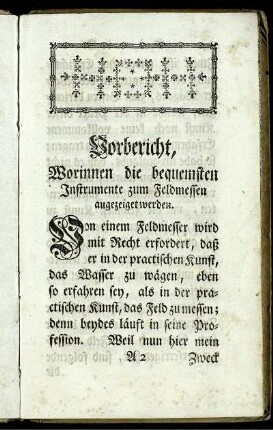Vorbericht, Worinnen die bequemsten Instrumente zum Feldmessen angezeiget werden.
