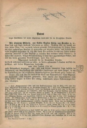 Patent wegen Publikation des neuen allgemeinen Landrechts für die Preußischen Staaten.