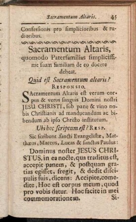 Sacramentum Altaris, quomodo Paterfamilias simplicissime suam familiam de eo docere debeat.