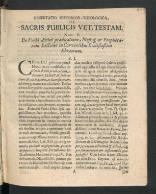 Num. I. De Verbi divini praedicatione, Mosisque ac Prophetarum Lectione in Conventibus Ecclesiasticis Ebraeorum.