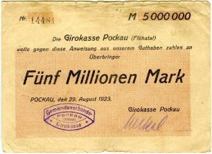 Anweisung über Fünf Millionen Mark