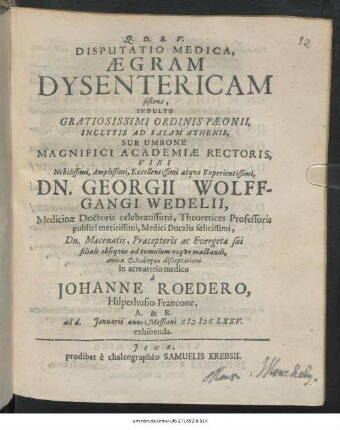 Disputatio Medica, Aegram Dysentericam sistens