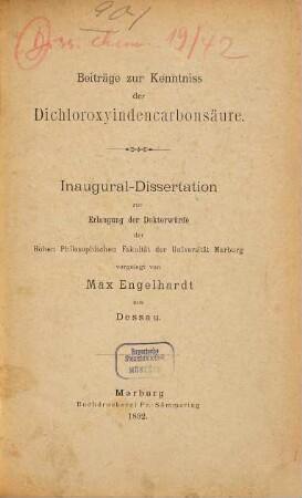 Beiträge zur Kenntniss der Dichloroxyindencarbonsäure ...