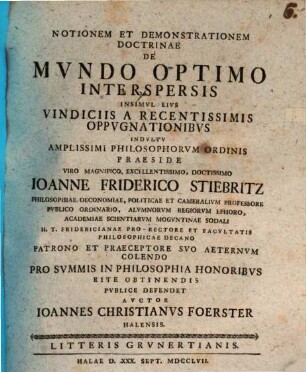 Notionem et demonstrationem doctrinae de mundo optimo ...