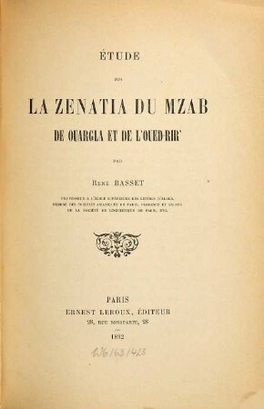 Étude sur la Zenatia du Mzab, de Ouargla et de l'Oued-Rir'