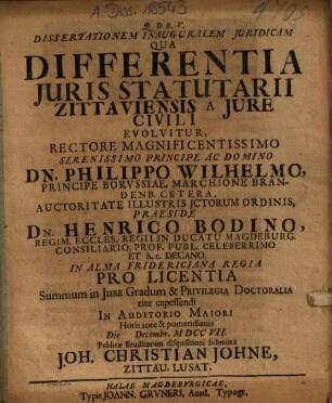 Dissertationem inauguralem juridicam differentia juris [iuris] statutarii Zittaviensis a jure [iure] civili