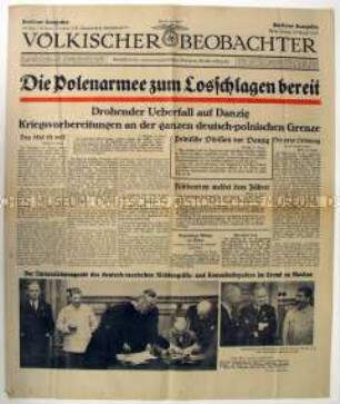 Fragment der Tageszeitung "Völkischer Beobachter" mit Kriegshetze gegen Polen und Bildern von der Unterzeichnung des "Hitler-Stalin-Paktes"