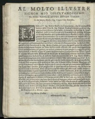 Dedikation an Conte Luigi della Torre, Sohn des verstorbenen Conte Giovanni Battista, von Oratio Guarguante [Zedler 11, Sp. 1193], Venedig 5. März 1591