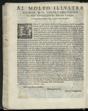 Dedikation an Conte Luigi della Torre, Sohn des verstorbenen Conte Giovanni Battista, von Oratio Guarguante [Zedler 11, Sp. 1193], Venedig 5. März 1591