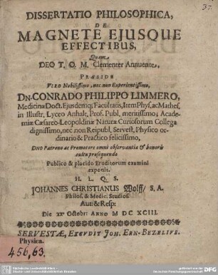 Dissertatio Philosophica, De Magnete Ejusque Effectibus