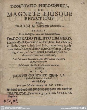 Dissertatio Philosophica, De Magnete Ejusque Effectibus
