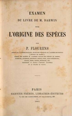 Examen du livre de M. Darwin sur l'origine des espèces