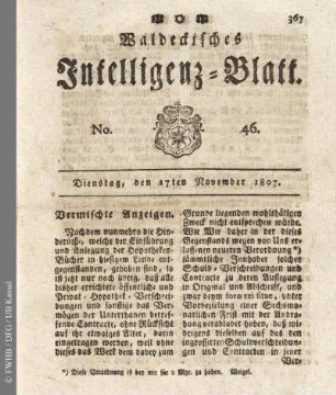 No. 46, Dienstag, den 17ten November 1807