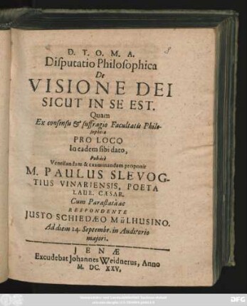 Disputatio Philosophica De Visione Dei Sicut in Se Est
