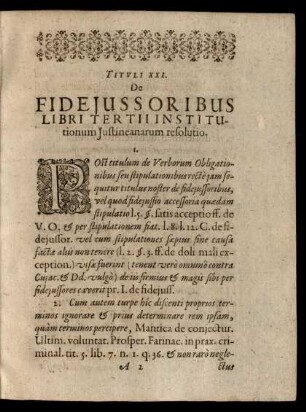 Tituli XXI. De Fidejussoribus Libri Tertii Institutionum Justineanarum resolutio.