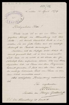 Brief von Abraham Kuenen an Heinrich Wiskemann