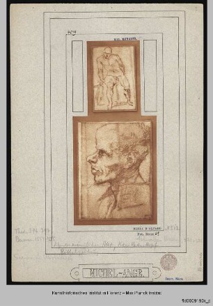 Skizze eines sitzenden männlichen Aktes & Studie eines karikaturesken Kopfes