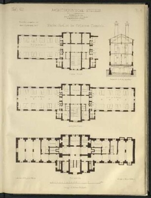Kranken-Pavillon des Katharinen-Hospitals. Grundrisse und Querschnitt.