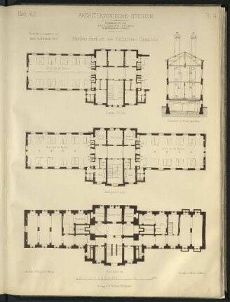 Kranken-Pavillon des Katharinen-Hospitals. Grundrisse und Querschnitt.