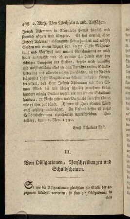 468-479, III. Von Obligationen, Verschreibungen und Schuldscheinen.