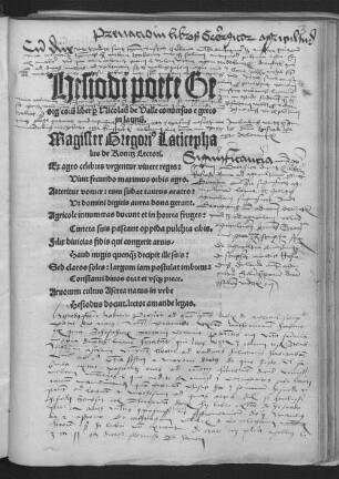 Hesiodi poete Ge||org corũ liber [pro] Nicolaũ de Valle conuersus e greco || in latinũ.||