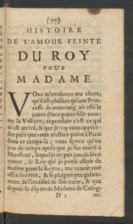 Histoire De L'Amour Feinte Du Roy Pour Madame.