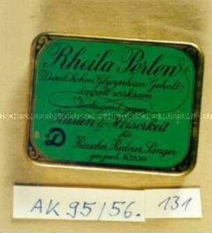 Blechschachtel für "Rheila Perlen Vorbeugend gegen Husten und Heiserkeit"