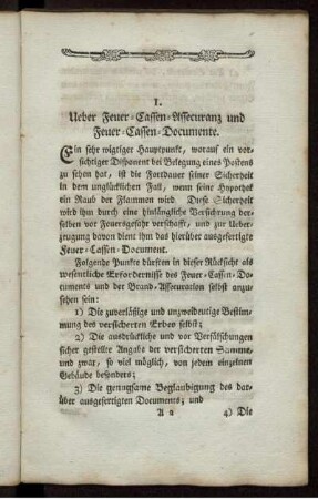 I. Ueber Feuer- Cassen- Assecuranz und Feuer- Cassen-Documente