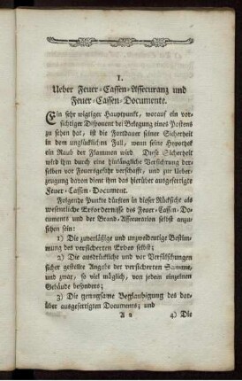 I. Ueber Feuer- Cassen- Assecuranz und Feuer- Cassen-Documente