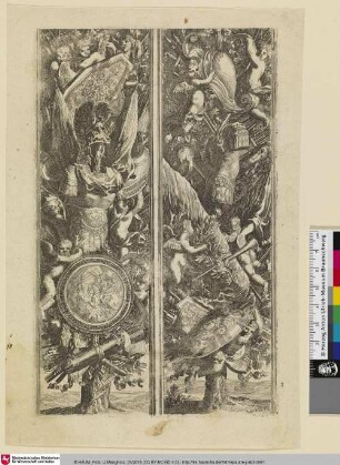 [Zwei Prospekte, links mit Trophäen und einem Brustpanzer mit Helm von Putti gehalten; Deux trophées d'armes empalés sur des arbres]