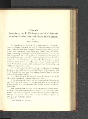 Ueber die Bemerkung von E. Wiedemann und G. C. Schmidt zu meinen Studien über elektrische Schwingungen