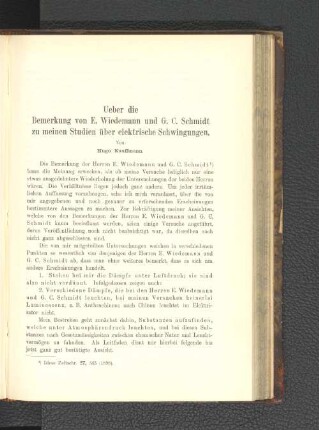 Ueber die Bemerkung von E. Wiedemann und G. C. Schmidt zu meinen Studien über elektrische Schwingungen