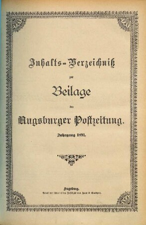 Augsburger Postzeitung. Beilage zur Augsburger Postzeitung. 1891