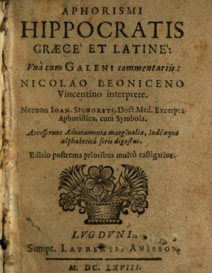 Aphorismi Hippocratis, graece et latine ...