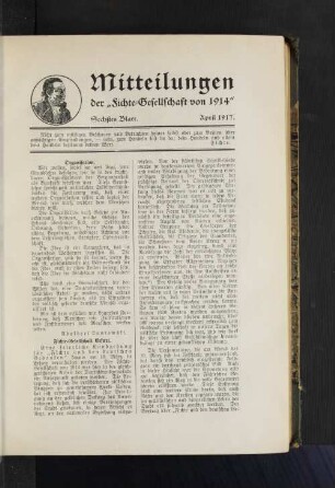 Mitteilungen der "Fichte-Gesellschaft von 1914" Sechstes Blatt. April 1917.