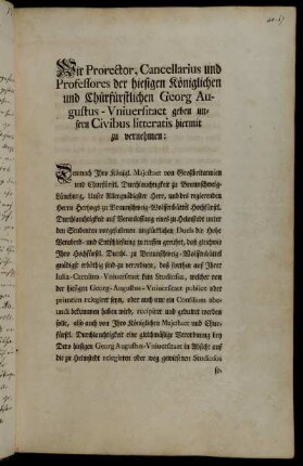 Gedruckter Anschlag zur Übereinkunft mit der Universität Helmstedt, die gegenseitigen Ablehnung und Informierung der mit Relegation oder Consilium Abeundi belegten Studierenden betreffend.