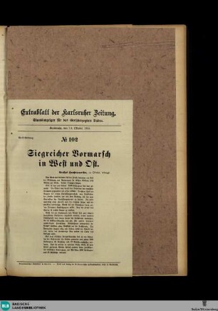 Karlsruher Zeitung, Extrablatt No. 102, Siegreicher Vormarsch in West und Ost