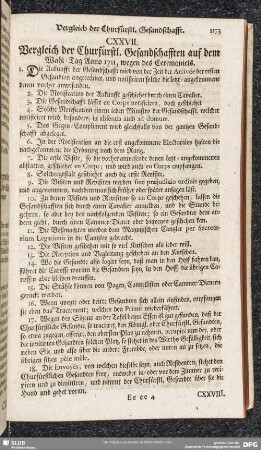 CXXVII. Vergleich der Churfürstl. Gesandschafften auf dem Wahl-Tag Anno 1711, wegen des Ceremoniels
