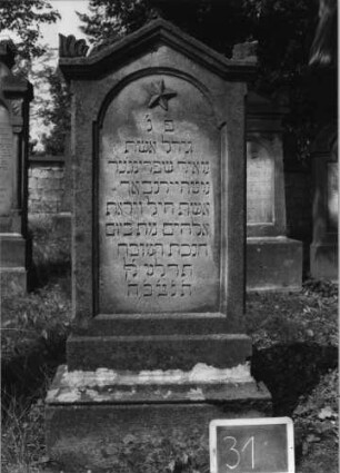 Grabstein 31 (Index: 99801879) Material: Sandstein Zustand: gut Maße HxBxT: 140x53x19 cm Beschreibung: Stele, profilierter Sockel giebelartiger Abschluß mit Eckakroteren und Verdachung, eingetieftes Schriftfeld mit Rundbogen Symbolik: fünfzackiger Stern: Grabstein 31