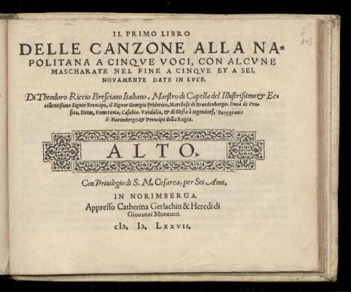 Teodoro Riccio: Il primo libro delle canzone alla napolitana a cinque voci ... Alto
