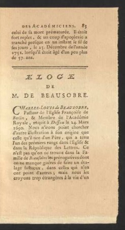 Eloge De M. De Beausobre