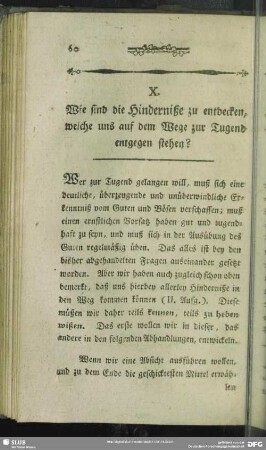 X. Wie sind die Hinderniße zu entdecken, welche uns auf dem Wege zur Tungend entgegen stehen?